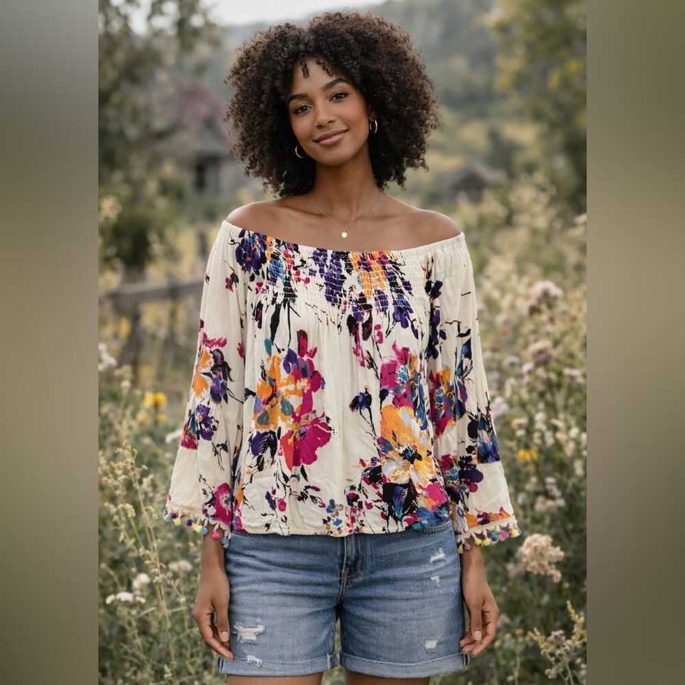 Ali Miles Top Tasseled Hem Floral Print